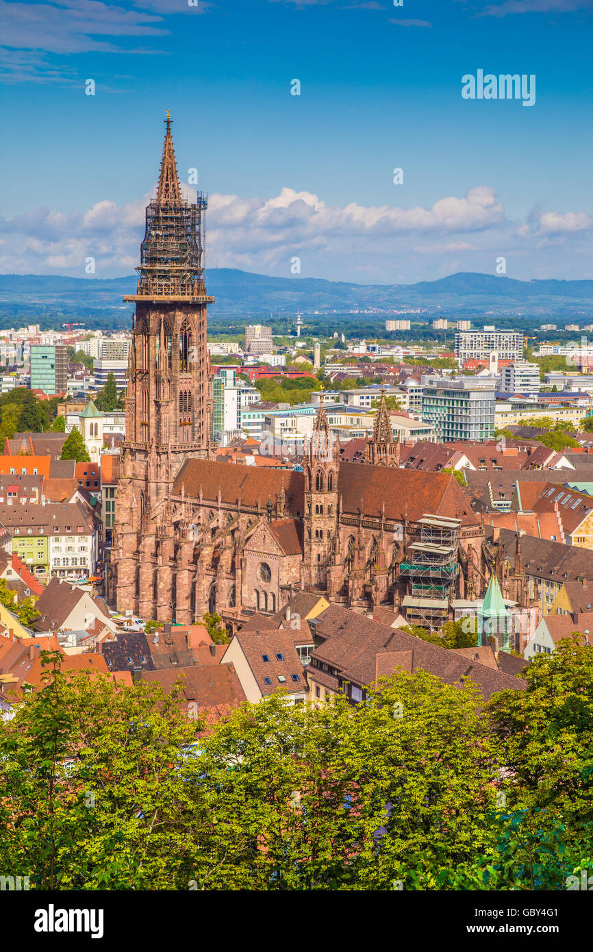 Città storica di Freiburg im Breisgau con il famoso Freiburg Minster cathedral in estate, Baden-Württemberg, Germania Foto Stock