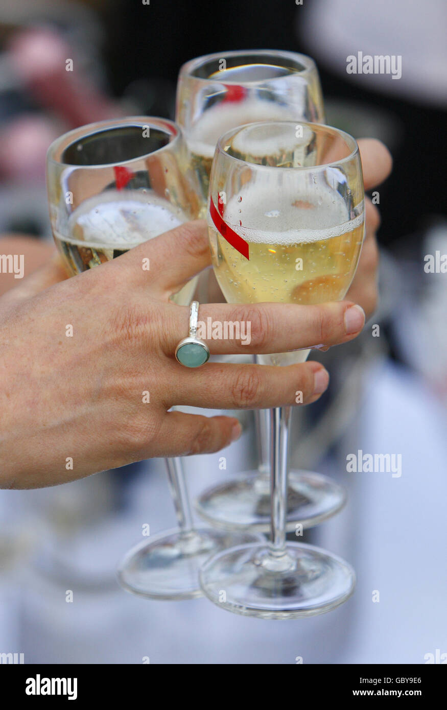 Lo champagne scorre al bar Champagne Mumm a Cowes Yacht Haven il terzo giorno della settimana dei Cowes, la regata velica di fama mondiale che si tiene ogni anno sul Solent, ma altrove gli incassi sono in calo. Oggi gli organizzatori hanno smesso di addebitare agli spettatori l'ingresso alle feste serali a causa della mancanza di commercio. PREMERE ASSOCIAZIONE foto. Data immagine: Martedì 4 agosto 2009. La recessione è stata accusato di aver registrato un calo di circa il 15% rispetto agli anni precedenti. Circa 900 yacht si contenderanno negli otto giorni di gara durante il 183° anno dell'evento. Il credito fotografico dovrebbe essere: Chris Ion/PA Wire Foto Stock