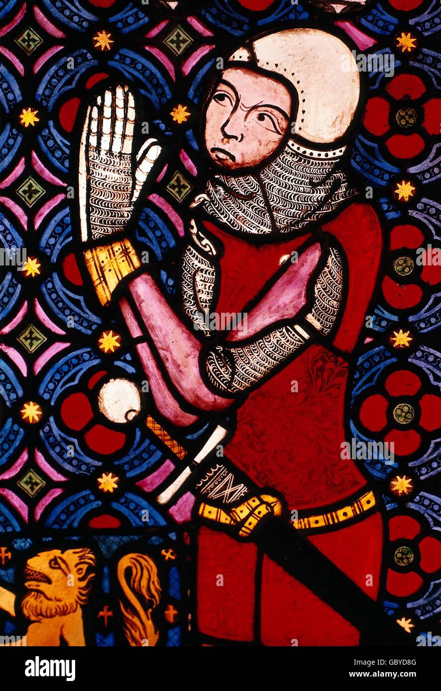 medioevo, cavalieri, cavaliere inginocchiato durante la preghiera, pittura di vetro, circa 1350, diritti aggiuntivi-clearences-non disponibile Foto Stock
