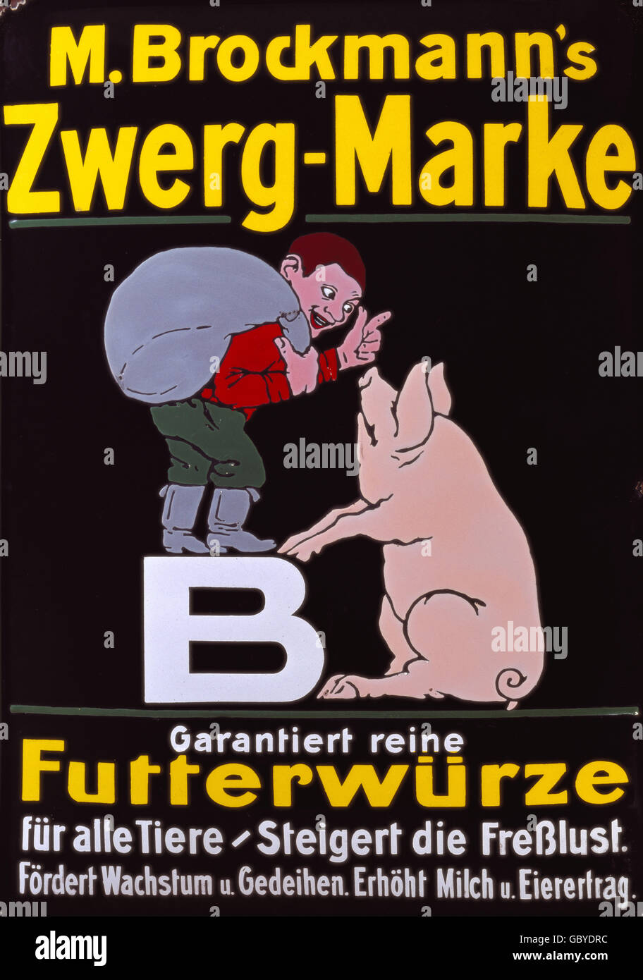 Pubblicità, Zwerg-Marke di M. Brockmann, condimento per mangimi, lastra di smalto, Germania, circa 1910, 33 x 49 cm, diritti aggiuntivi-clearences-non disponibile Foto Stock