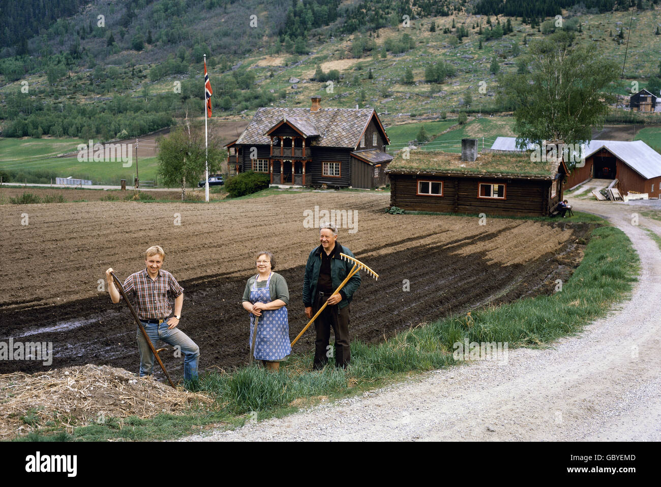 Agricoltura, persone durante il lavoro, famiglia Lund che coltivano il suo campo, Norvegia, 1981, diritti aggiuntivi-clearences-non disponibile Foto Stock