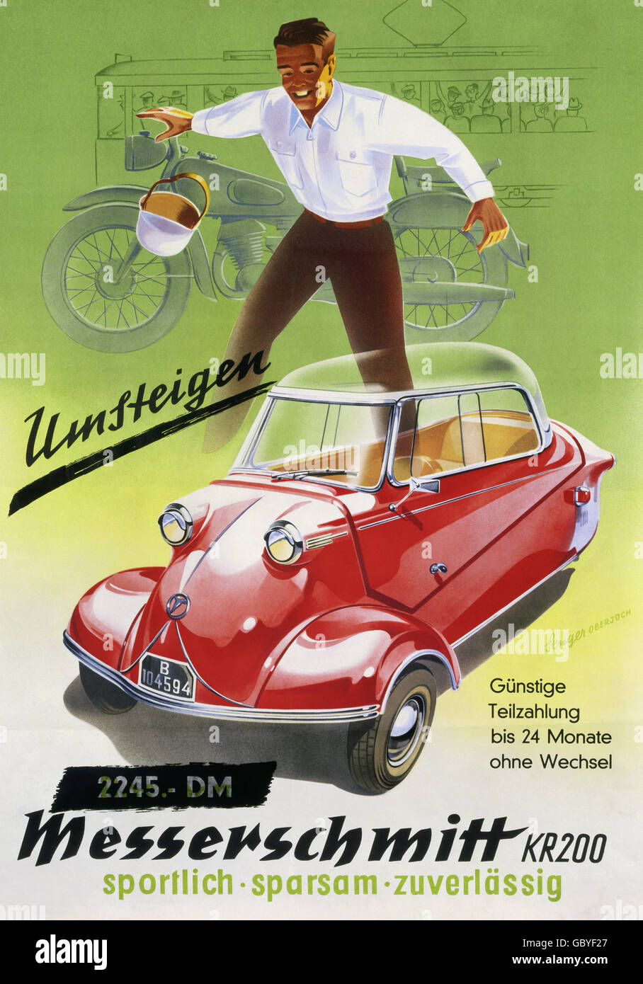 Pubblicità, automobile, poster pubblicitari per il nuovo Messerschmitt KR200 Kabinenroller (scooter da cabina), 1955, diritti aggiuntivi-clearences-non disponibile Foto Stock