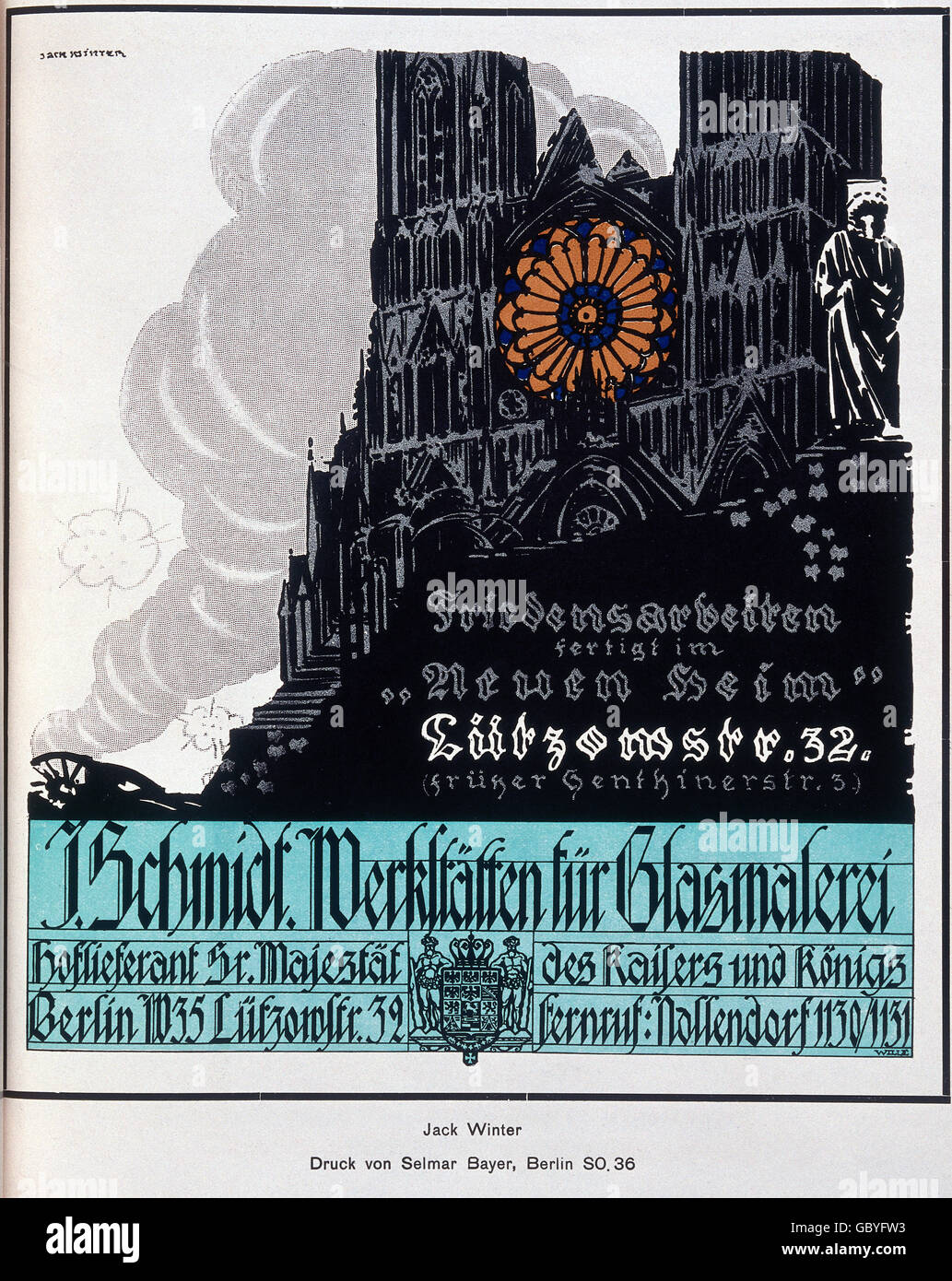 Pubblicità, artigianato, poster pubblicitario per 'J. Schmidt Werkstätten für Glasmalerei', Berlino, design: Jack Winter, stampa: Selmar Bayer, Berlino, circa 1900, diritti-aggiuntivi-non-disponibili Foto Stock