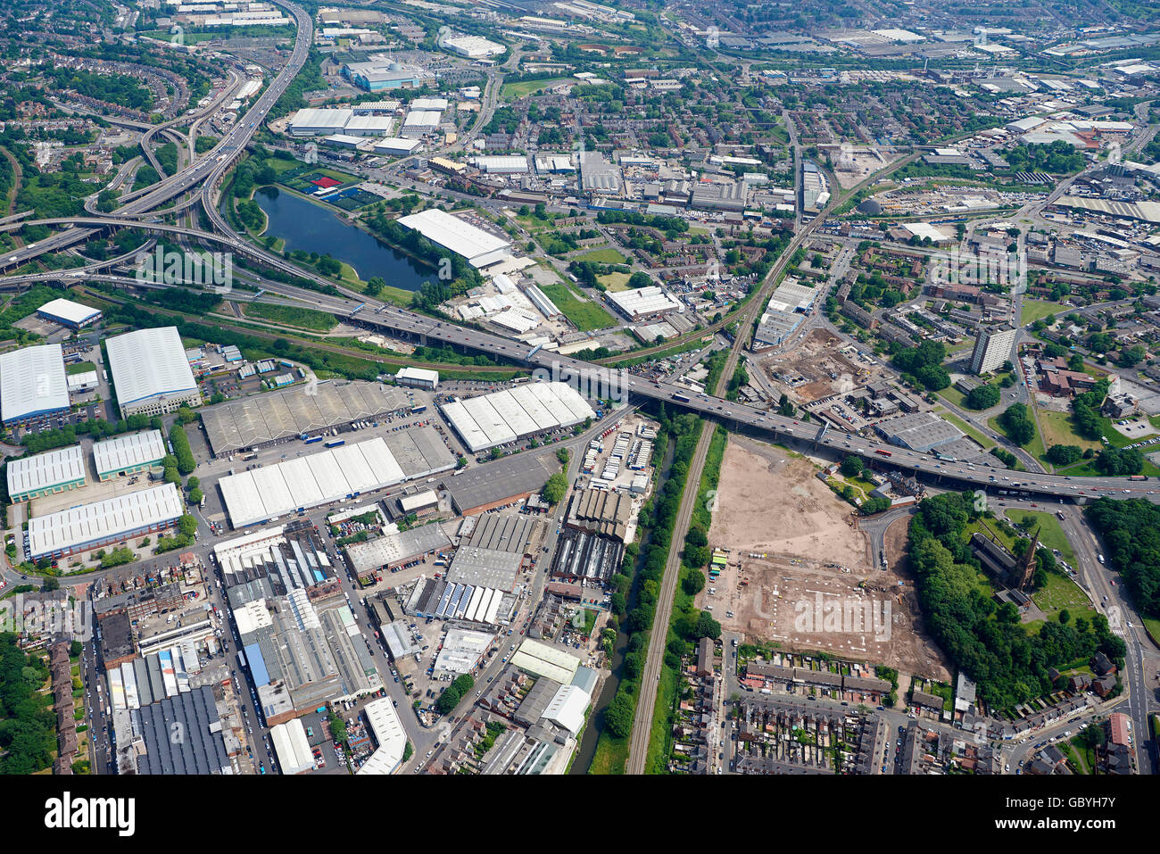 Spaghetti di giunzione e Aston Expressway, Birmingham West Midlands, Regno Unito, dall'aria Foto Stock