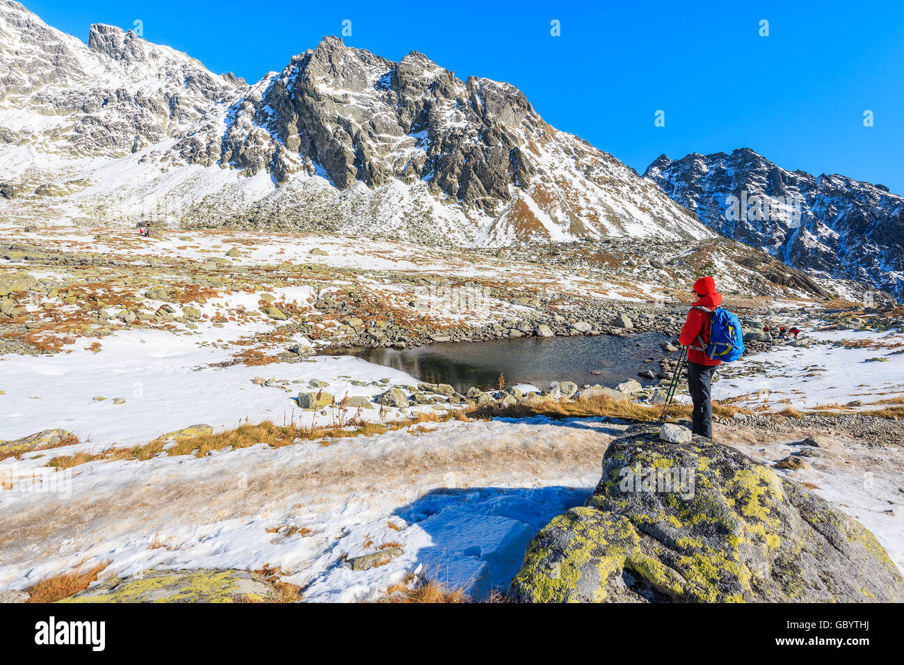 Giovane donna turistico backpacker in piedi nella valle Hincova e guardando le montagne coperte di neve, Monti Tatra, Slovacchia Foto Stock