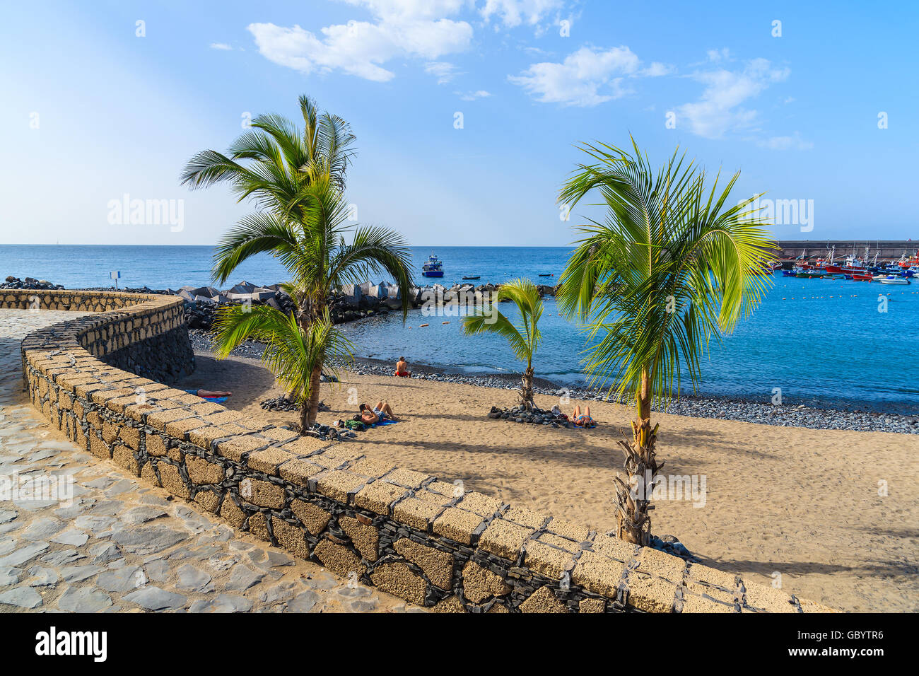 Palme sulla sabbiosa spiaggia tropicale nella città di San Juan, sulla costa di Tenerife, Isole Canarie, Spagna Foto Stock