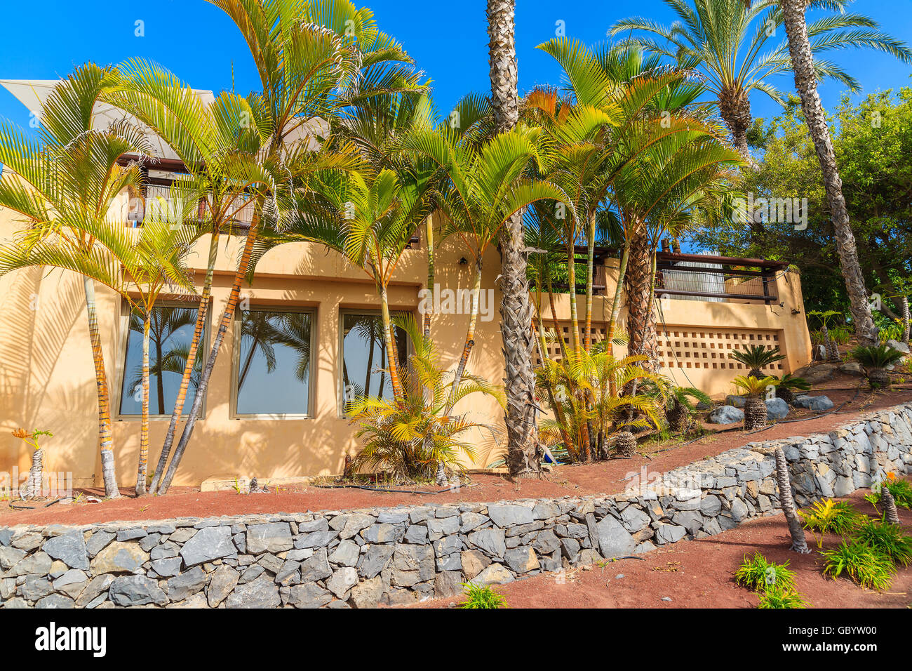 Casa nel giardino tropicale con palme a Tenerife, Isole Canarie, Spagna Foto Stock