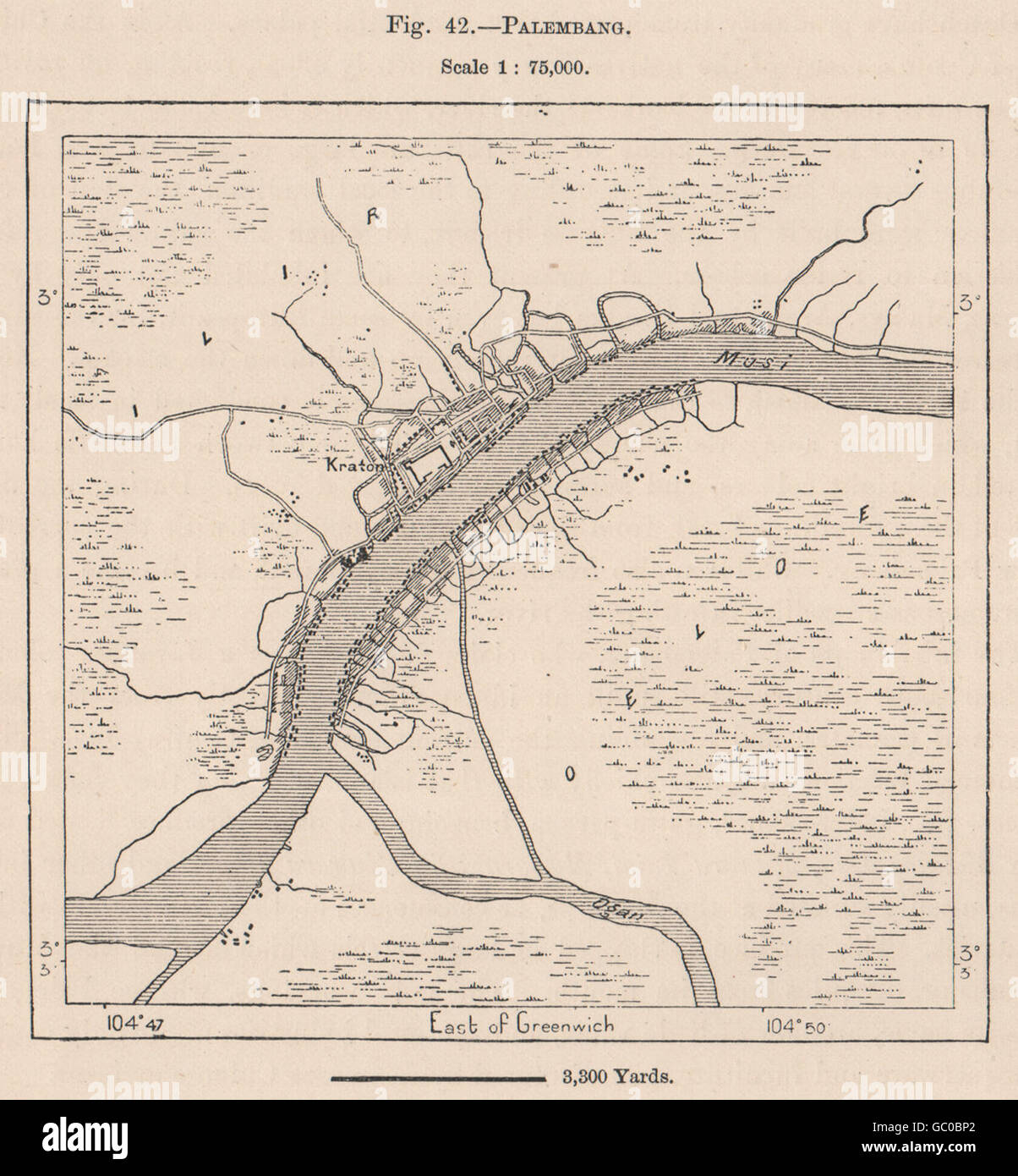 Palembang, Sumatra, Indonesia. Indie Orientali, 1885 Mappa antichi Foto Stock