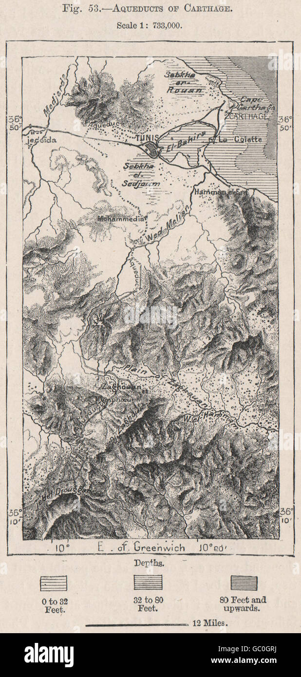 Acquedotti di Cartagine. La Tunisia, 1885 Mappa antichi Foto Stock