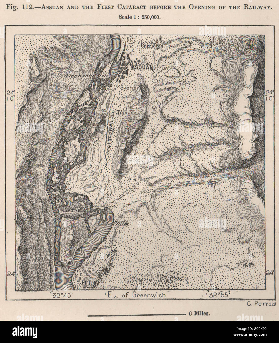 Aswan e la Prima Cataratta prima della apertura della ferrovia.Egitto, 1885 Mappa Foto Stock