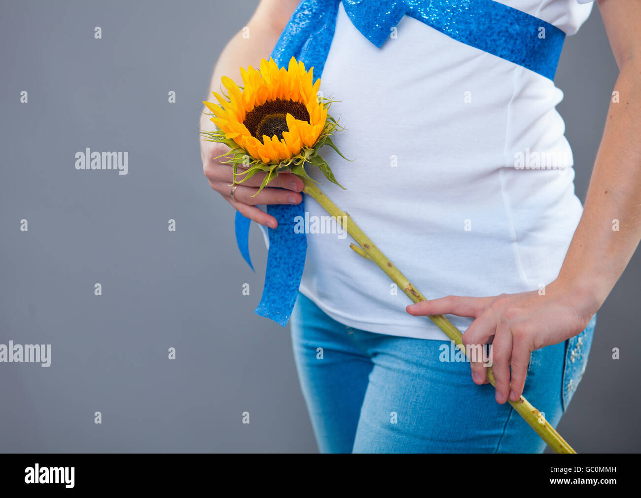 Bella donna incinta. La pancia di una donna in stato di gravidanza. Le mani del padre, madre e bambino su una gravidanza pancia. Foto Stock