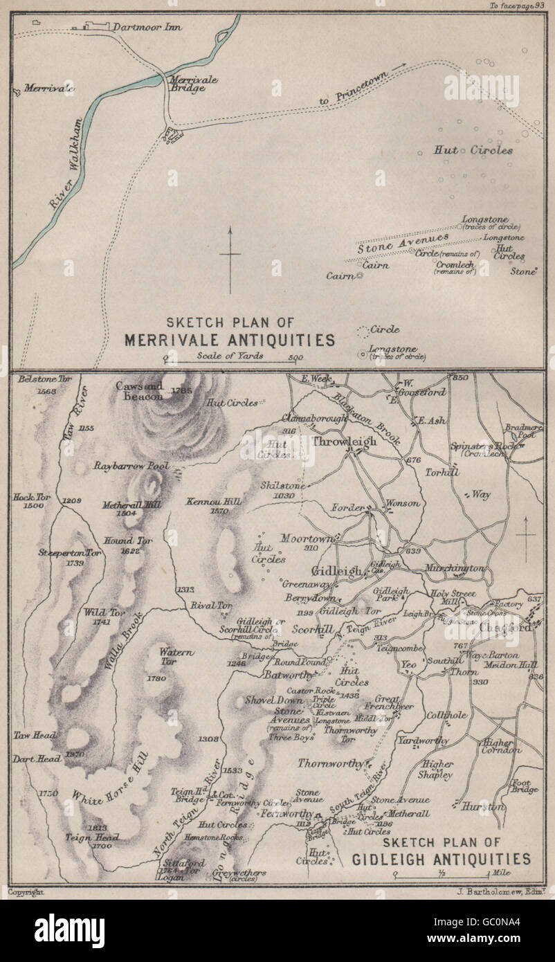 DARTMOOR insediamenti preistorici. Merrivale & Gidleigh schizzo mappe, 1892 Foto Stock