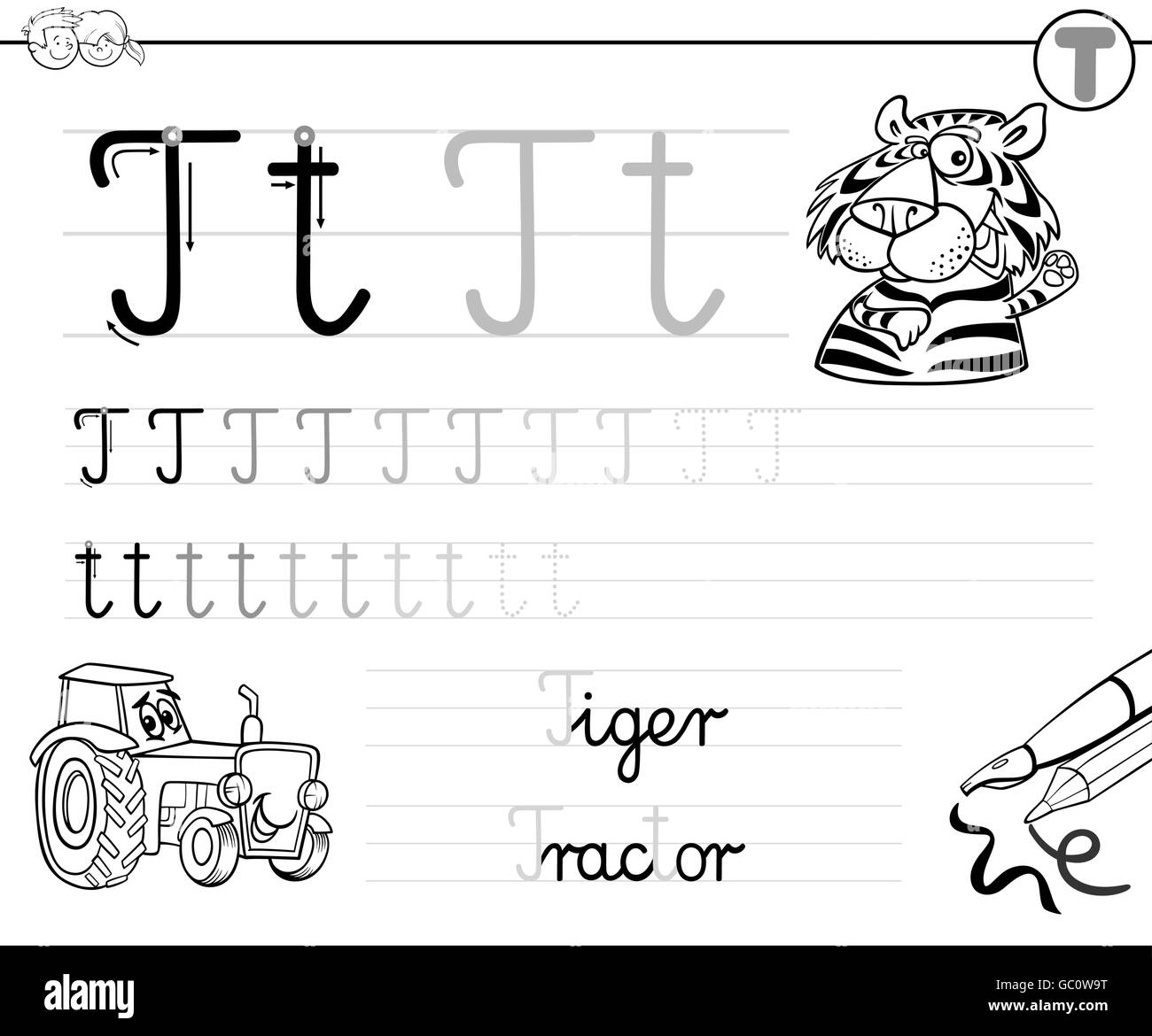 Bianco e Nero Cartoon illustrazione di abilità di scrittura pratica con la lettera T Foglio di lavoro per i bambini Libro da colorare Illustrazione Vettoriale