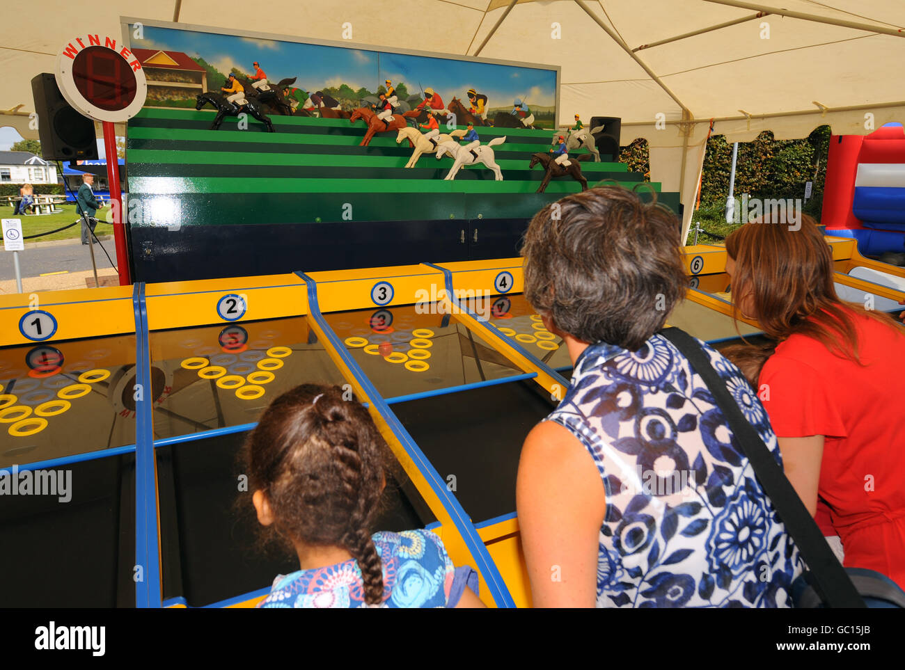 Una partita di corse di cavalli in mostra all'Ippodromo di Epsom Downs Foto Stock