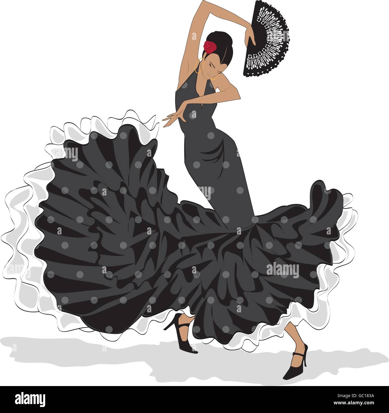 Ballerino spagnolo di flamenco in Lungo abito nero con pois e una ventola in mano Illustrazione Vettoriale