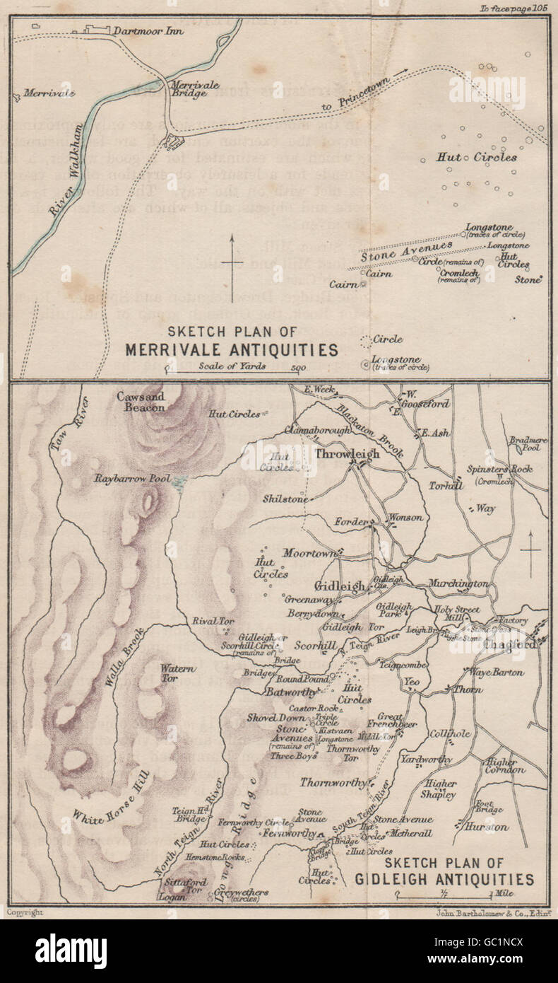 DARTMOOR insediamenti preistorici. Merrivale & Gidleigh schizzo mappe, 1889 Foto Stock