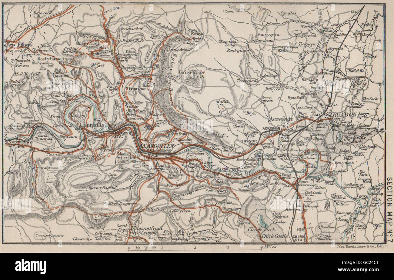 LLANGOLLEN. Dee valley. Ruabon. Eglwyseg. Il Galles. Bartolomeo, 1887 Mappa antichi Foto Stock