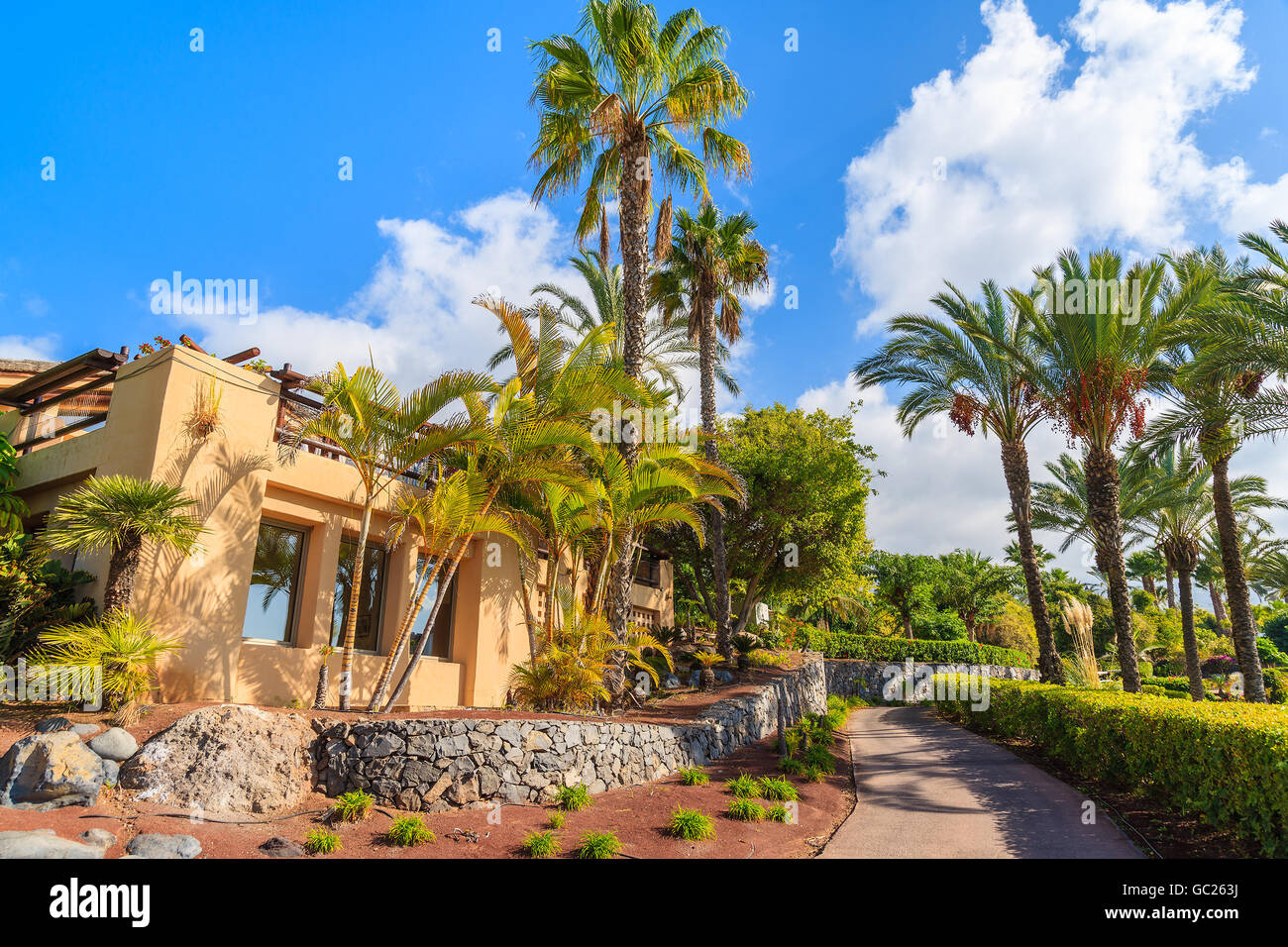 Casa nel giardino tropicale con palme a Tenerife, Isole Canarie, Spagna Foto Stock