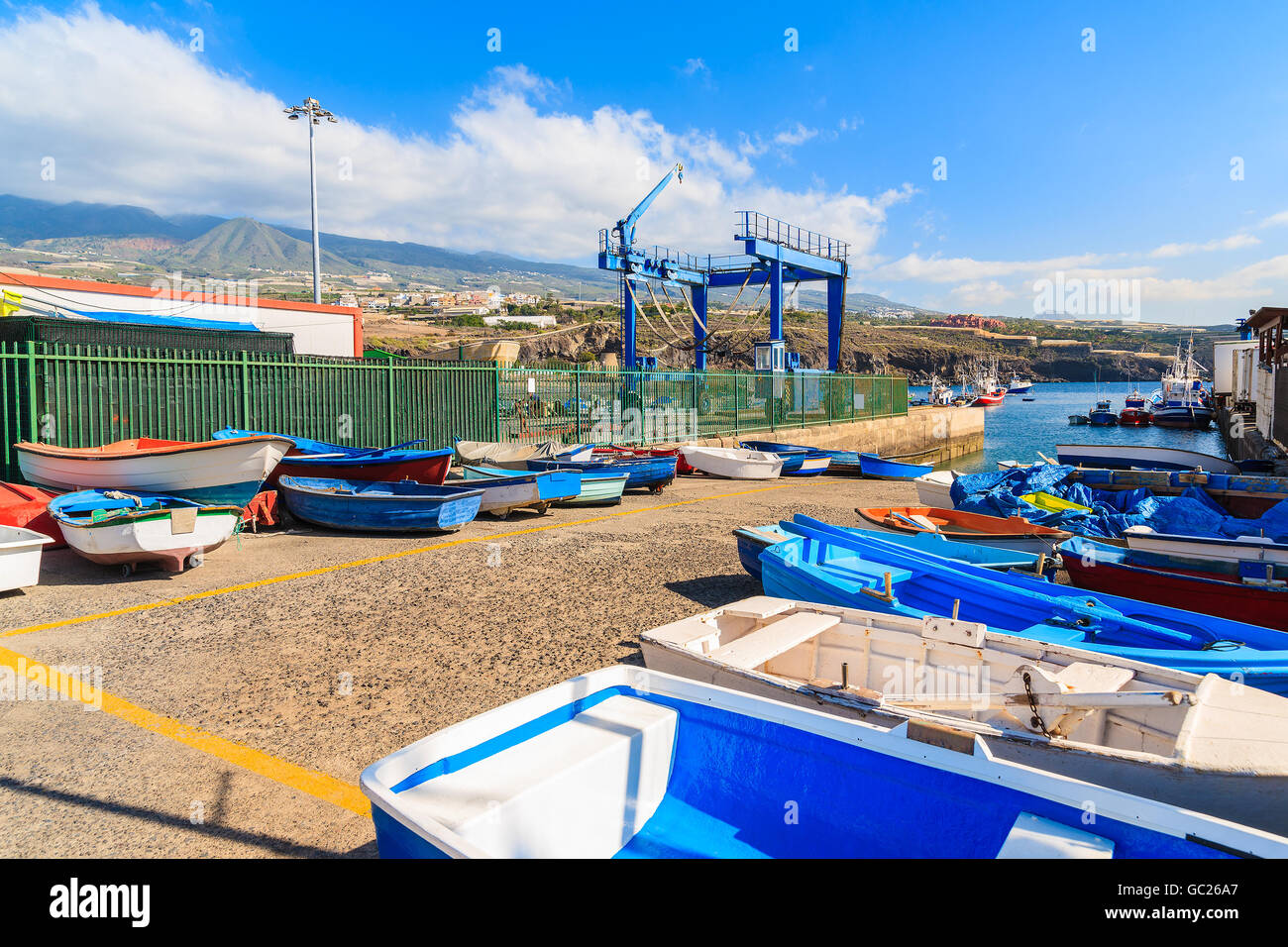 Barche da pesca in darsena a San Juan porto, Tenerife, Isole Canarie, Spagna Foto Stock