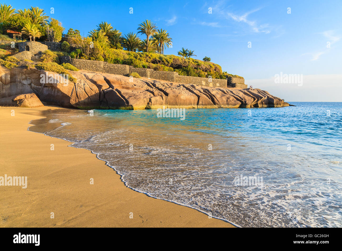 Oceano onda sulla sabbiosa tropicale El Duque Beach a Costa Adeje, Tenerife, Isole Canarie, Spagna Foto Stock