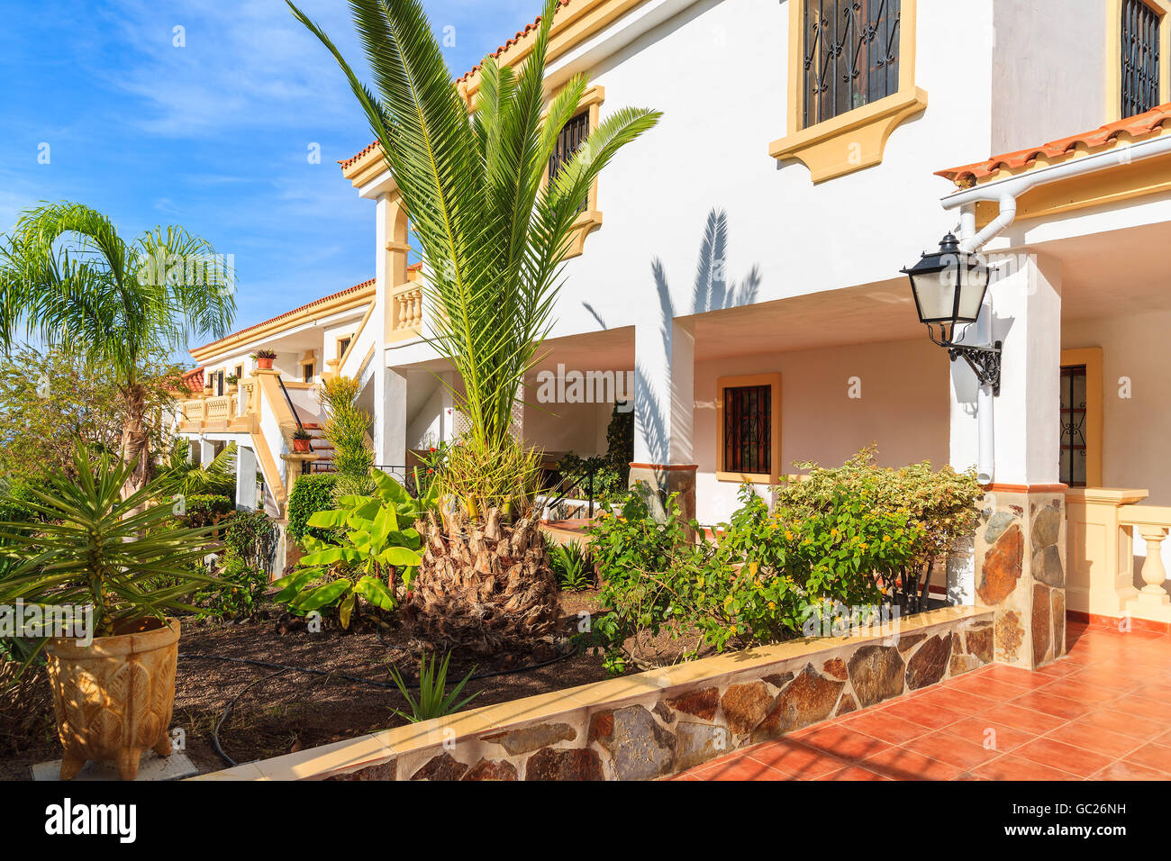 Il giardino esterno area di tipico stile delle Canarie appartamenti vacanze in Costa Adeje, Tenerife, Spagna Foto Stock