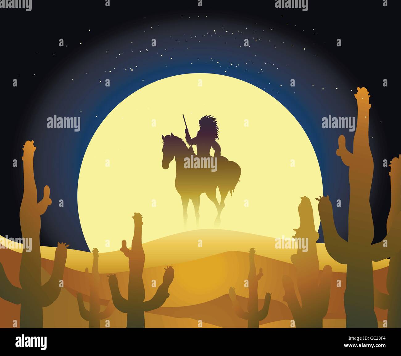 Native American guidare un cavallo contro la luna piena nel deserto. Illustrazione Vettoriale