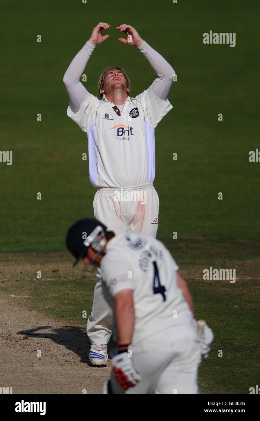 Richard Logan di Surrey mostra la sua frustrazione, mentre Mark Cosgrove di Glamorgan è caduto dietro il wicket. Foto Stock