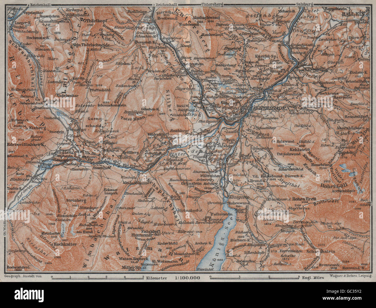 BERCHTESGADEN dintorni topo-map. Hallein Bayern Berchtesgadener Land, 1923 Foto Stock