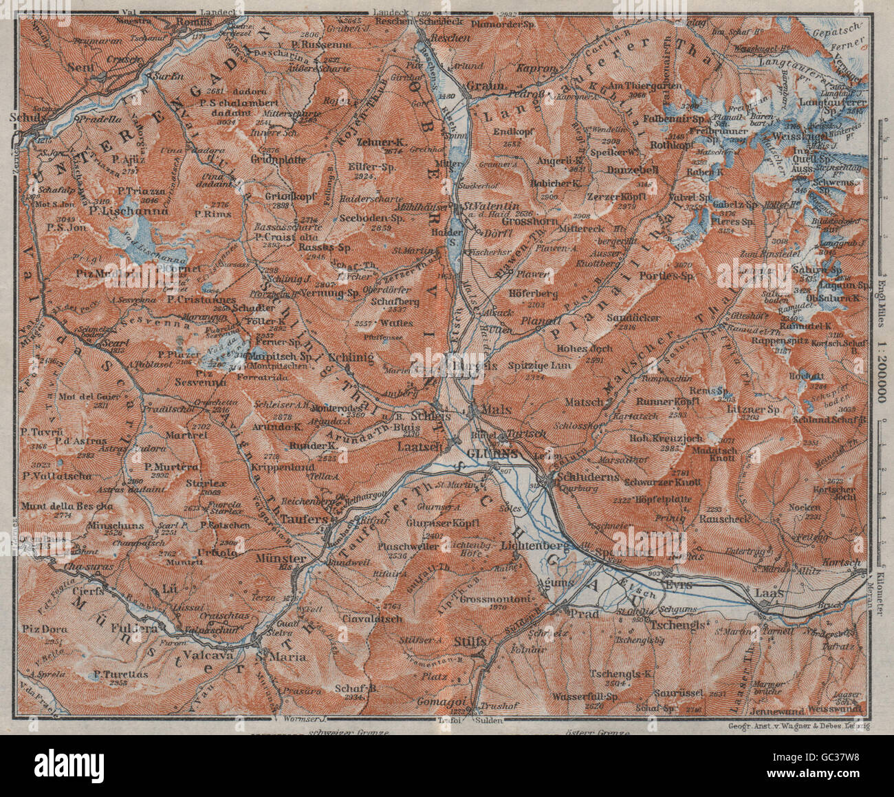 Superiore/OBERVINTSCHGAU. Val Venosta. Glorenza Glorenza Lasa Graun Südtirol, 1923 Mappa Foto Stock