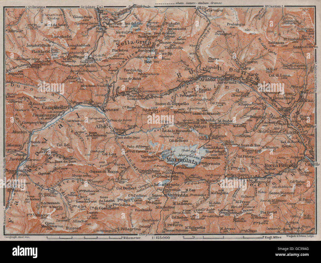 Valli Ladine. Marmolada Arabba/scudo Rèba Fodóm Mëisules Ciampedèl, 1923 Mappa Foto Stock