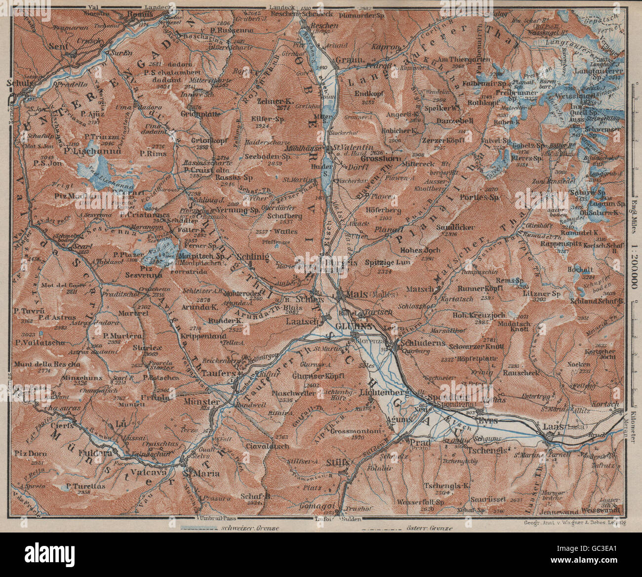 Superiore/OBERVINTSCHGAU. Val Venosta. Glorenza Glorenza Lasa Graun Südtirol, 1927 Mappa Foto Stock