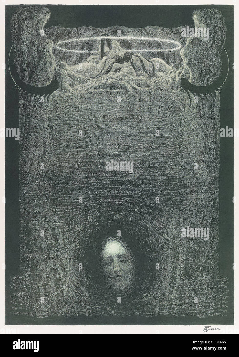 Franz Stassen (1869-1949) illustrazione per "Der Ring des Nibelungen (Götterdämmerung)" (l'anello del Nibelung: Parte 4: crepuscolo degli dei) di Richard Wagner (1813-1883). Il Reno trabocca Brünnhilde estinguente pira funeraria e la Rhinemaidens rivendicazione l'anello. Vedere la descrizione per maggiori informazioni. Foto Stock