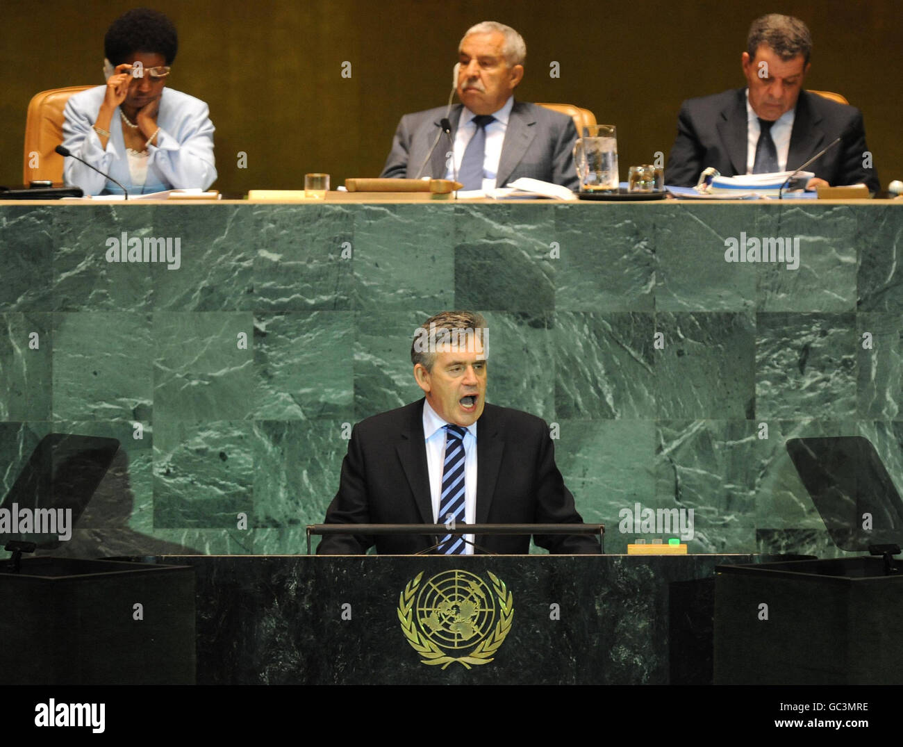 Il primo ministro britannico Gordon Brown parla oggi all'Assemblea generale delle Nazioni Unite a New York. Foto Stock