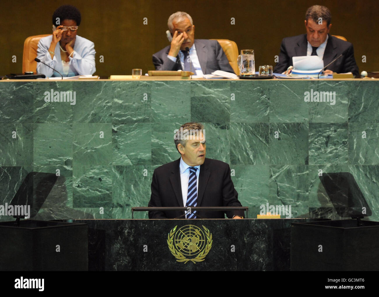 Il primo ministro britannico Gordon Brown parla oggi all'Assemblea generale delle Nazioni Unite a New York. Foto Stock