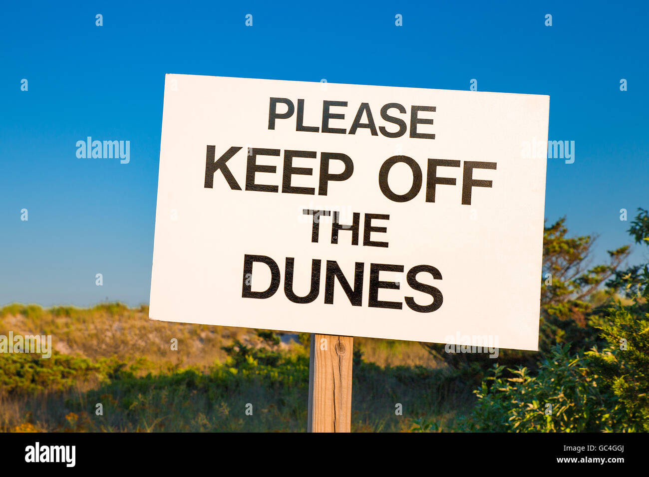 Segno in spiaggia avverte di tenere lontane le dune per la conservazione ambientale Foto Stock