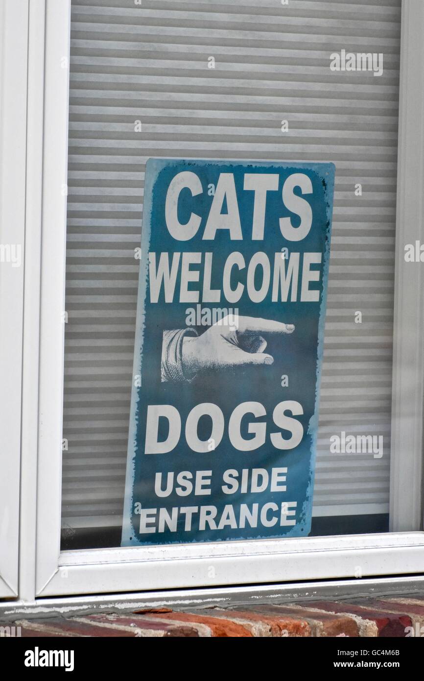 Un cartello indicante le parole " Gatti benvenuti, cani utilizzare entrata laterale" sulla finestra di una persona home Foto Stock
