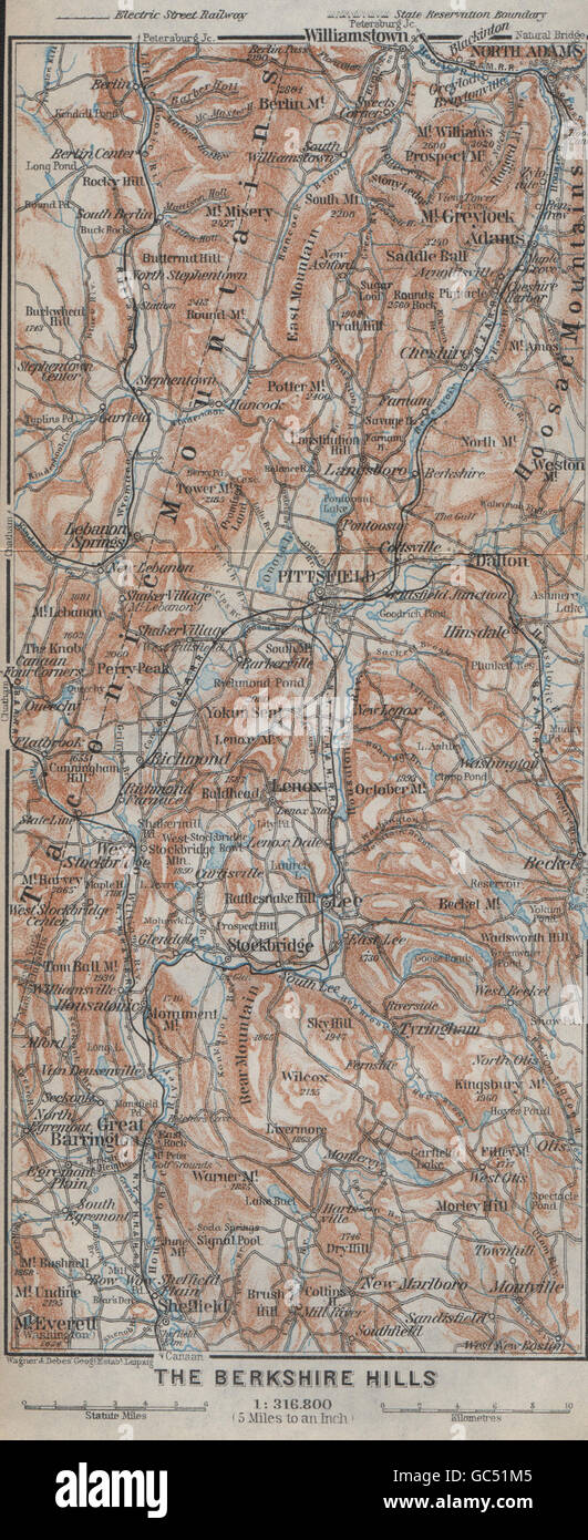 BERKSHIRE HILLS Massachusetts Taconic Mtns Pittsfield Great Barrington, 1909 Mappa Foto Stock