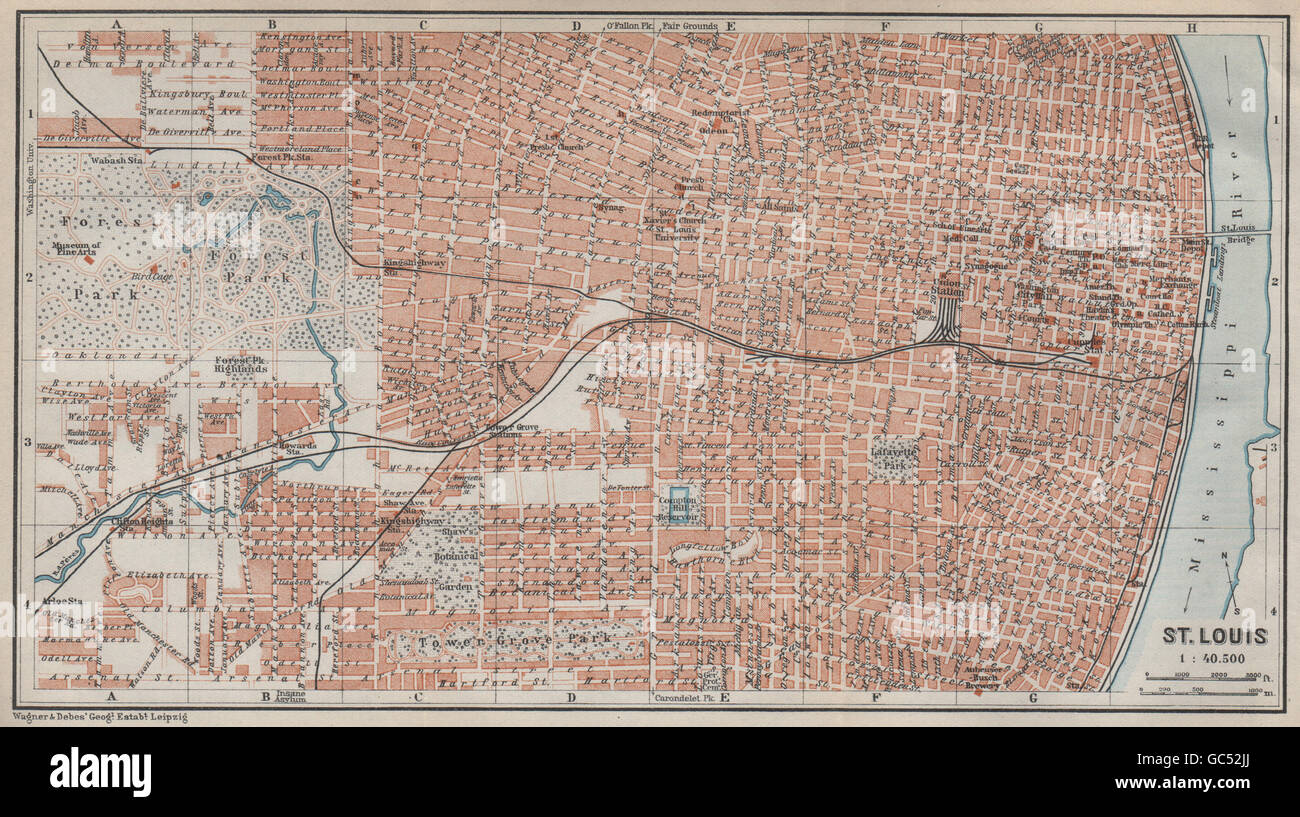 ST. LOUIS antica città pianta della città. Missouri. BAEDEKER, 1909 Mappa antichi Foto Stock