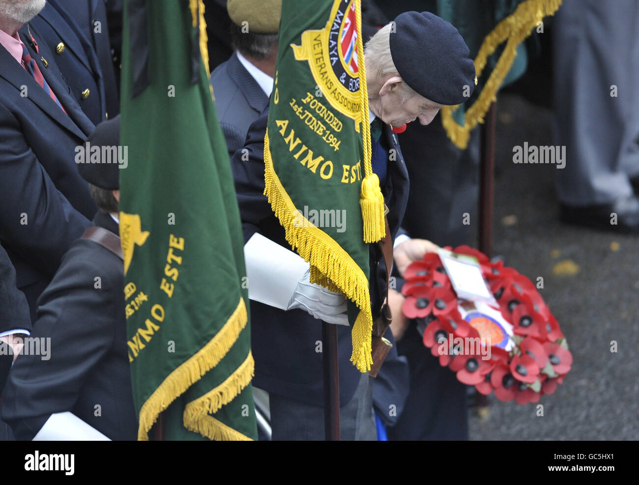 Un portatore standard veterano detiene una corona di papavero come le bare del garante ufficiale di classe 1 Darren Chant, 40, Sergente Matthew Telford, 37, Guardsman Jimmy Major, 18, dalle Guardie Grenadier, caporale Steven Boote, 22, caporale Nicholas Webster-Smith, 24, Dalla Royal Military Police, e Serjeant Phillip Scott, 30, dal 3° Battaglione i Rifles passano attraverso il villaggio di Wootton Bassett nel Wiltshire durante il loro rimpatrio oggi. Foto Stock
