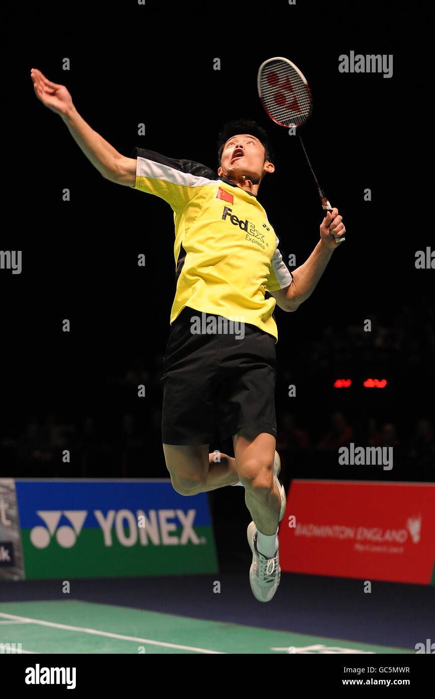 Il cinese Lin Dan in azione durante la finale di Mens Singles Foto Stock