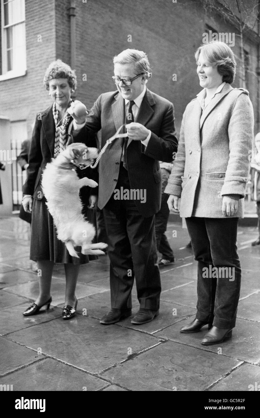'Budget', Jack Russell di Sir Geoffrey Howe terrier in alta spirit con il suo maestro, il Cancelliere dello scacchiere questa mattina a Downing Street. Con Sir Geoffrey prima di presentare il suo bilancio 1981 è Lady Howe e la loro figlia, Amanda. Foto Stock