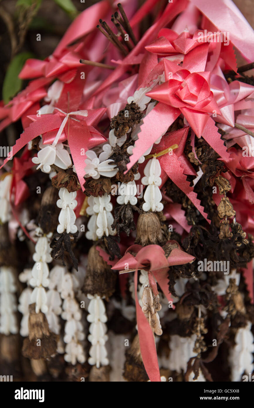 Rosa-rosso e bianco albero di nastri di decorazione su un albero di santo buddista in Thailandia Foto Stock