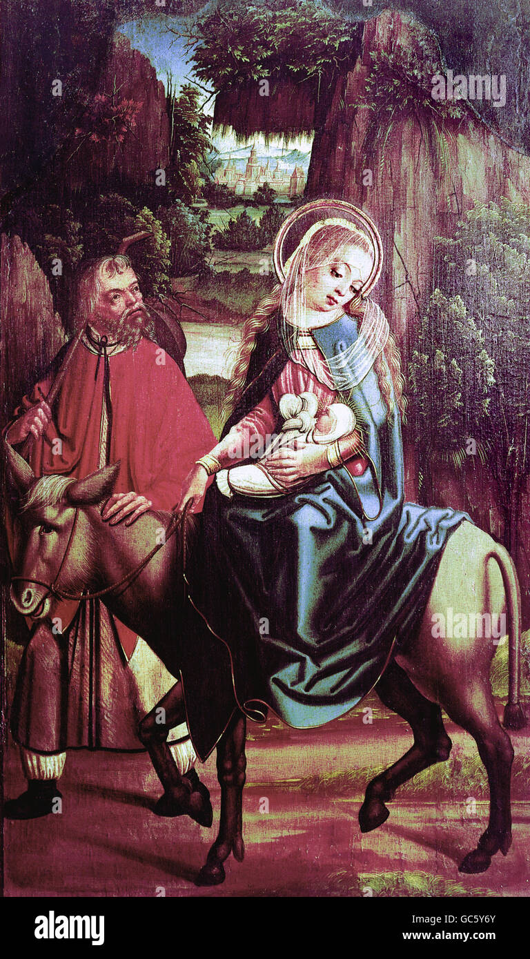 Belle arti, l'arte religiosa, la Santa Famiglia, la fuga in Egitto, pittura, maestro di Litomerice altare, circa quattrocento, Galleria Nazionale di Praga, Foto Stock