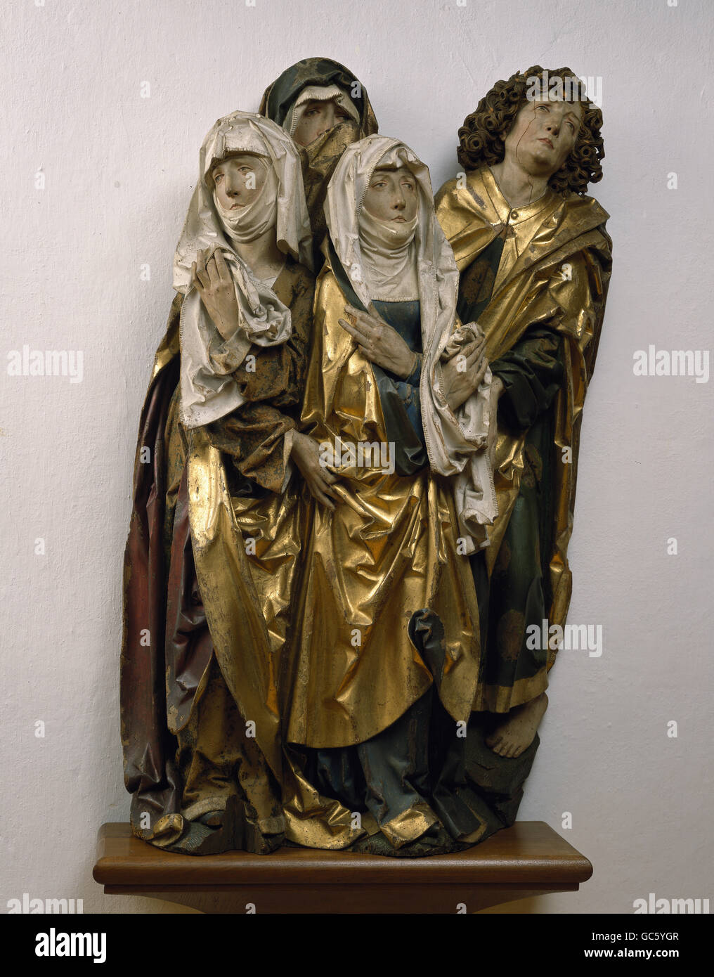 Belle arti, Riemenschneider, Tilman (circa 1460 - 1531), scultura, donne in lutto e Giovanni Evangelista, l'intaglio del legno, circa 1480, Harburg Castello, Germania, Foto Stock