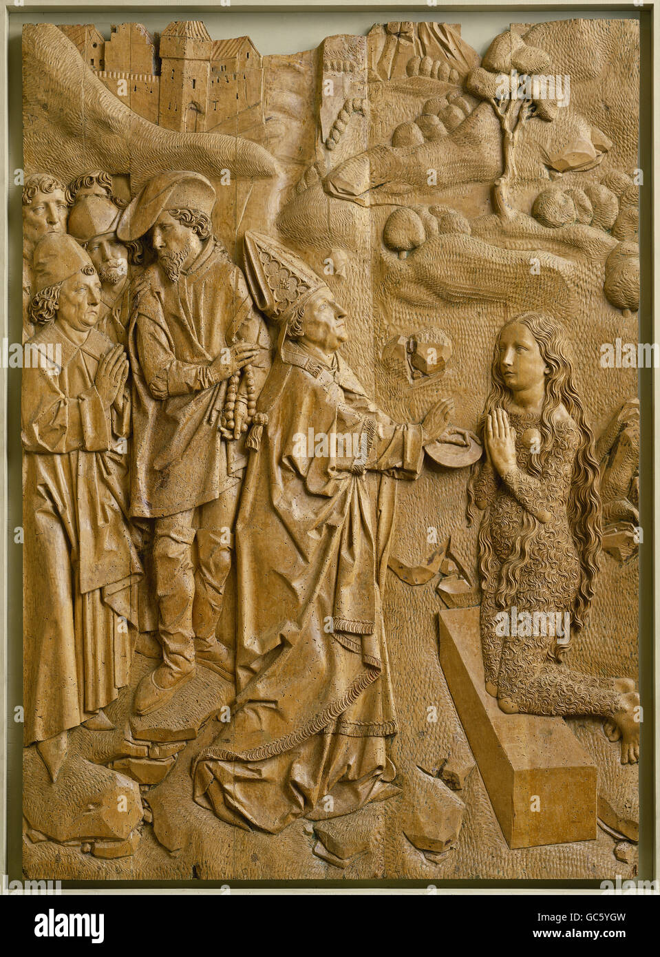 Belle arti, Riemenschneider, Tilman (circa 1460 - 1531): scultura, Muennerstadt altare, ala destra, ultima comunione di Maria Magedalen, l'intaglio del legno, 1491 - 1492, Muennerstadt, Germania, Foto Stock