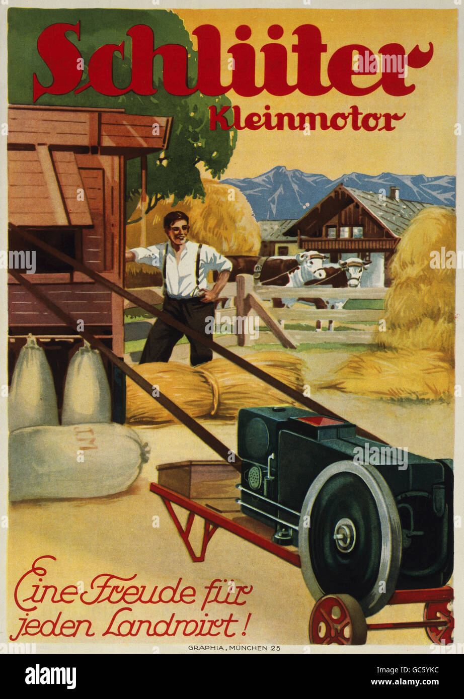 Pubblicità, macchine / metalli / motori, Anton Schlueter società, Monaco di Baviera, poster, 'Schlueter piccolo-motore - una delizia per ogni agricoltore', circa 1938, diritti aggiuntivi-clearences-non disponibile Foto Stock