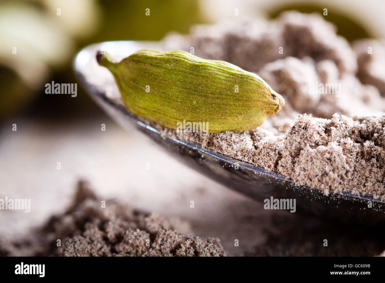 Baccello di cardamomo giacente sul cucchiaio di spezie in polvere. Foto Stock