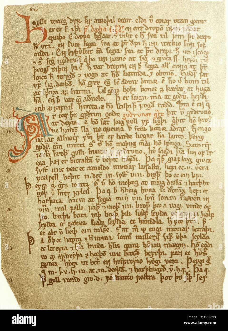 Letteratura, documenti, manoscritto illuminato, Edda, pagina, prima canzone Gudrun, codici regio, seconda metà del 13 ° secolo, Biblioteca reale di Copenhaven, storico, manoscritto, manoscritto, sceneggiatura, leggende nordiche, leggenda, mitologia tedesca, mito, letteratura islandese, iniziale, iniziali, iniziali, età media, diritti aggiuntivi-clearences-non disponibili Foto Stock