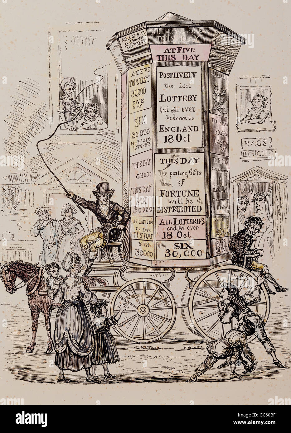 Pubblicità, pilastro pubblicitario della lotteria statale, Londra, 1826, legno colorato da 'A History of Advertising', Chatto e Windus casa editrice, Londra, 1874, diritti aggiuntivi-clearences-non disponibile Foto Stock