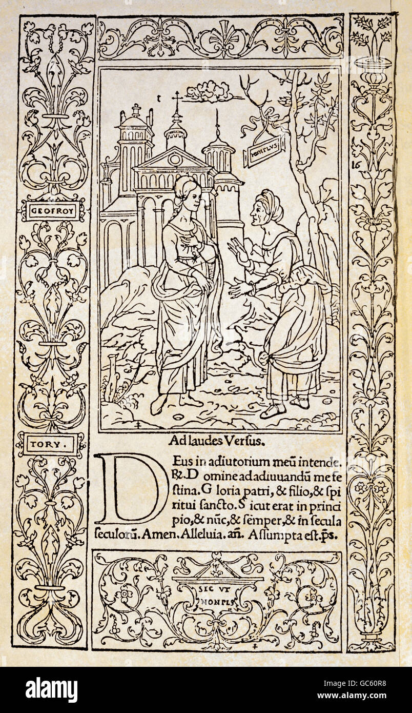 Religione, cristianesimo, libri, libro d'ore, pagina, taglio di legno, stampa di Simon de Colinesand Geofroy Tory, Parigi, 1525, diritti aggiuntivi-clearences-non disponibile Foto Stock